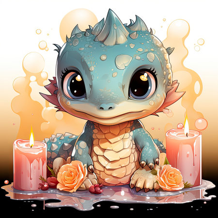 Pink baby dragon with big eyes, surrounded by glowing bubbles, lit candle, and budding roses on a serene nightの素材