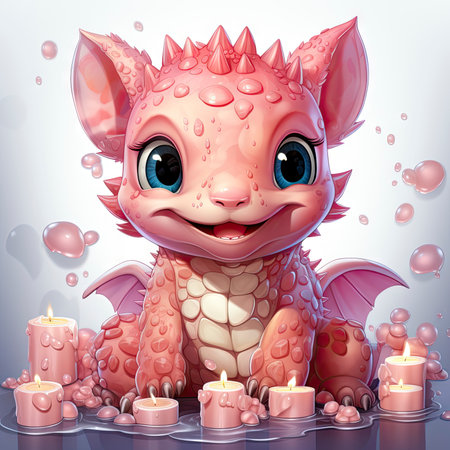 Pink baby dragon with big eyes, surrounded by glowing bubbles, lit candle, and budding roses on a serene nightの素材