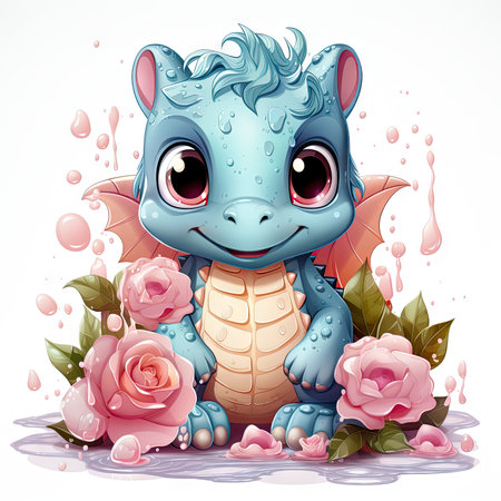 Pink baby dragon with big eyes, surrounded by glowing bubbles, lit candle, and budding roses on a serene nightの素材