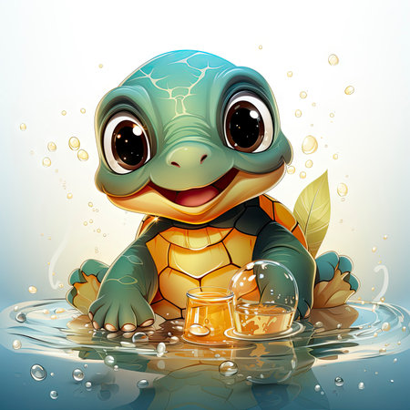 Adorable turtle sipping cool drinks, surrounded by water bubbles, in a playful digital art settingの素材