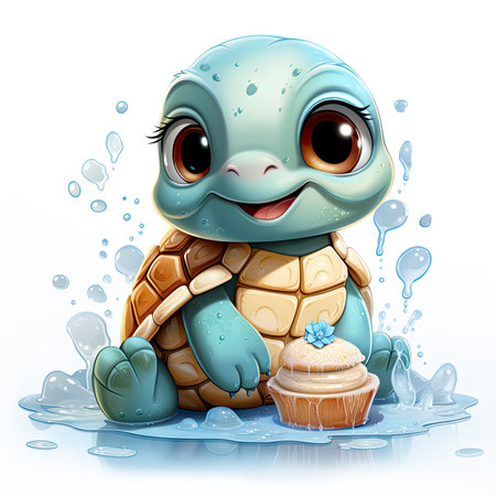 Adorable turtle sipping cool drinks, surrounded by water bubbles, in a playful digital art settingの素材