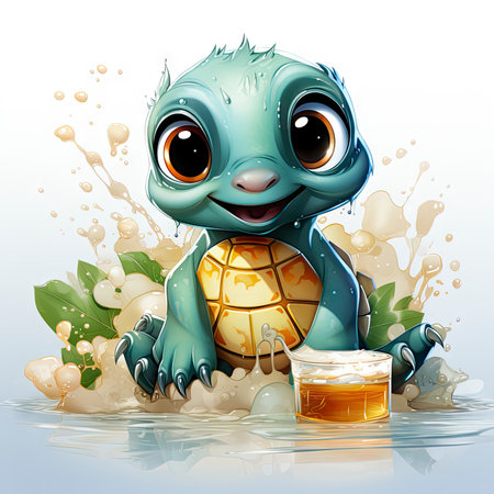Adorable turtle sipping cool drinks, surrounded by water bubbles, in a playful digital art settingの素材