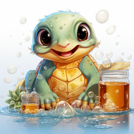 Adorable turtle sipping cool drinks, surrounded by water bubbles, in a playful digital art settingの素材