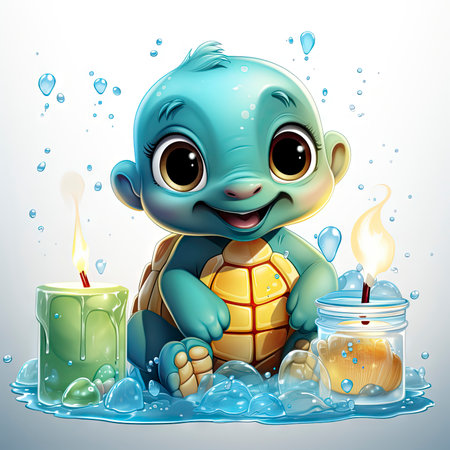 Adorable turtle sipping cool drinks, surrounded by water bubbles, in a playful digital art settingの素材