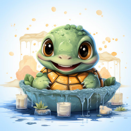 Adorable turtle sipping cool drinks, surrounded by water bubbles, in a playful digital art settingの素材