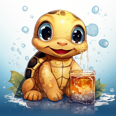 Adorable turtle sipping cool drinks, surrounded by water bubbles, in a playful digital art settingの素材