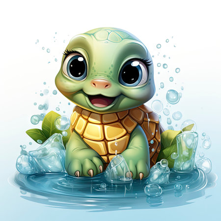 Adorable turtle sipping cool drinks, surrounded by water bubbles, in a playful digital art settingの素材