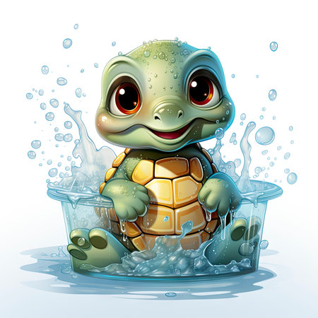 Adorable turtle sipping cool drinks, surrounded by water bubbles, in a playful digital art settingの素材