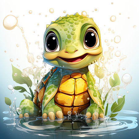 Adorable turtle sipping cool drinks, surrounded by water bubbles, in a playful digital art settingの素材