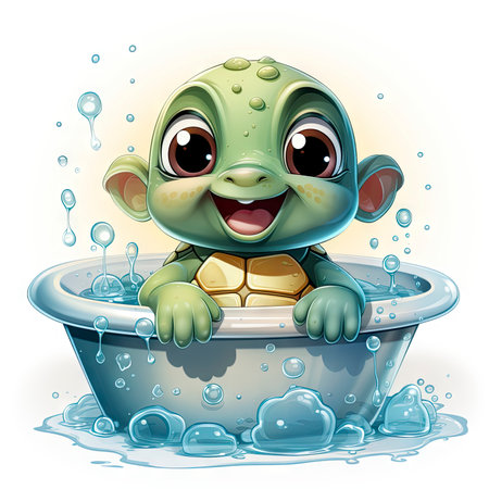 Adorable turtle sipping cool drinks, surrounded by water bubbles, in a playful digital art settingの素材