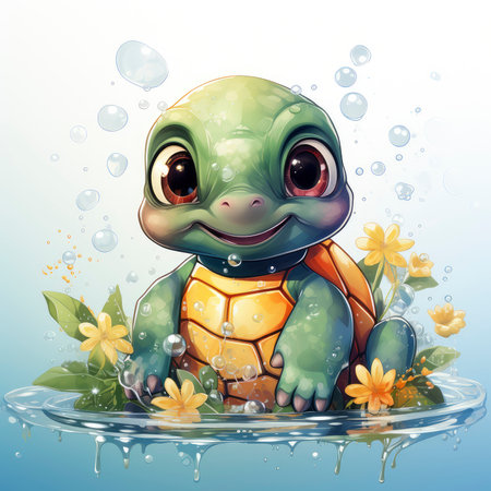 Adorable turtle sipping cool drinks, surrounded by water bubbles, in a playful digital art settingの素材