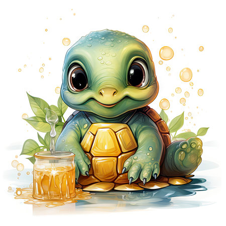 Adorable turtle sipping cool drinks, surrounded by water bubbles, in a playful digital art settingの素材