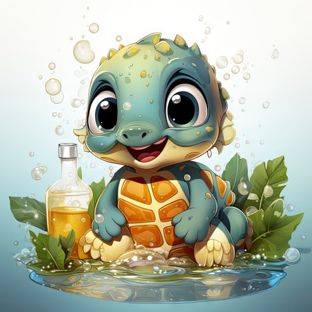 Adorable turtle sipping cool drinks, surrounded by water bubbles, in a playful digital art settingの素材