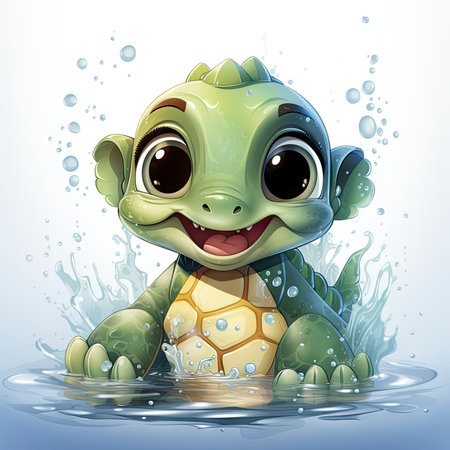 Adorable turtle sipping cool drinks, surrounded by water bubbles, in a playful digital art settingの素材