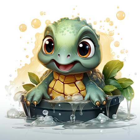 Adorable turtle sipping cool drinks, surrounded by water bubbles, in a playful digital art settingの素材