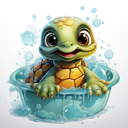 Adorable turtle sipping cool drinks, surrounded by water bubbles, in a playful digital art settingの素材