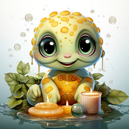 Adorable turtle sipping cool drinks, surrounded by water bubbles, in a playful digital art settingの素材