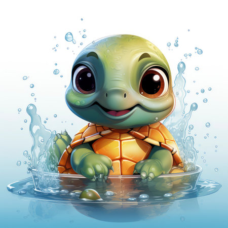 Adorable turtle sipping cool drinks, surrounded by water bubbles, in a playful digital art settingの素材