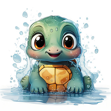 Adorable turtle sipping cool drinks, surrounded by water bubbles, in a playful digital art settingの素材