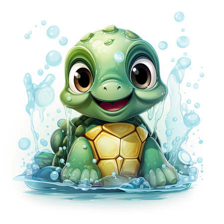 Adorable turtle sipping cool drinks, surrounded by water bubbles, in a playful digital art settingの素材