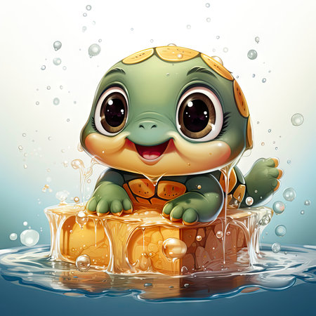 Adorable turtle sipping cool drinks, surrounded by water bubbles, in a playful digital art settingの素材