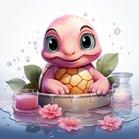 Adorable pink turtle in water, surrounded by bubbles and plants, with a playful and whimsical expressionの素材