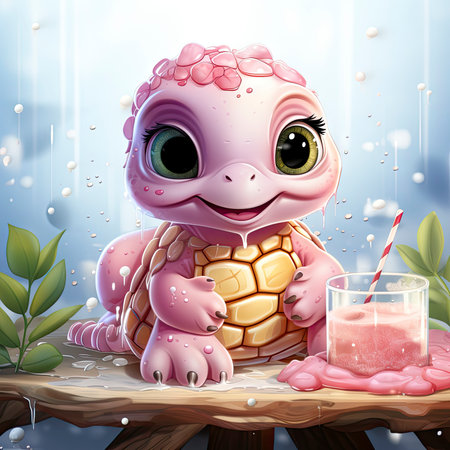 Adorable pink turtle in water, surrounded by bubbles and plants, with a playful and whimsical expressionの素材