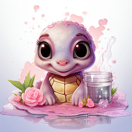 Adorable pink turtle in water, surrounded by bubbles and plants, with a playful and whimsical expressionの素材