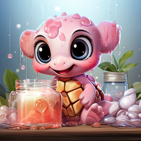 Adorable pink turtle in water, surrounded by bubbles and plants, with a playful and whimsical expressionの素材