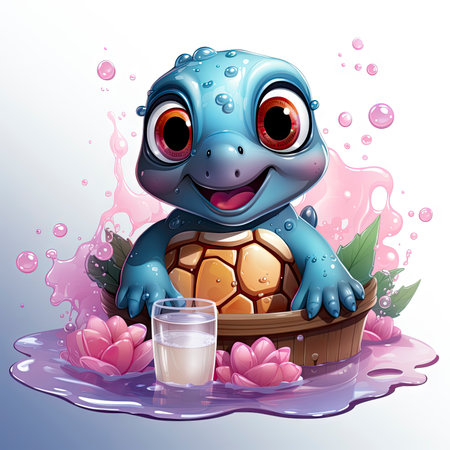 Adorable pink turtle in water, surrounded by bubbles and plants, with a playful and whimsical expressionの素材