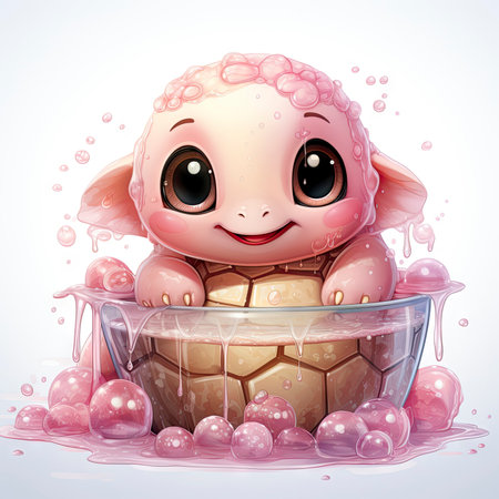 Adorable pink turtle in water, surrounded by bubbles and plants, with a playful and whimsical expressionの素材