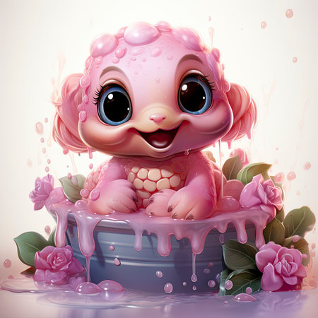 Adorable pink turtle in water, surrounded by bubbles and plants, with a playful and whimsical expressionの素材