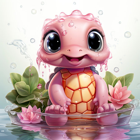 Adorable pink turtle in water, surrounded by bubbles and plants, with a playful and whimsical expressionの素材
