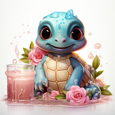 Adorable pink turtle in water, surrounded by bubbles and plants, with a playful and whimsical expressionの素材