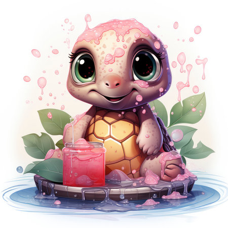 Adorable pink turtle in water, surrounded by bubbles and plants, with a playful and whimsical expressionの素材