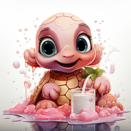 Adorable pink turtle in water, surrounded by bubbles and plants, with a playful and whimsical expressionの素材
