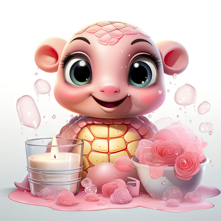 Adorable pink turtle in water, surrounded by bubbles and plants, with a playful and whimsical expressionの素材