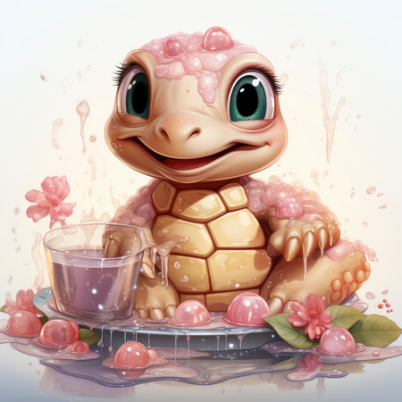 Adorable pink turtle in water, surrounded by bubbles and plants, with a playful and whimsical expressionの素材