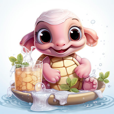 Adorable pink turtle in water, surrounded by bubbles and plants, with a playful and whimsical expressionの素材