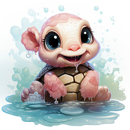 Adorable pink turtle in water, surrounded by bubbles and plants, with a playful and whimsical expressionの素材