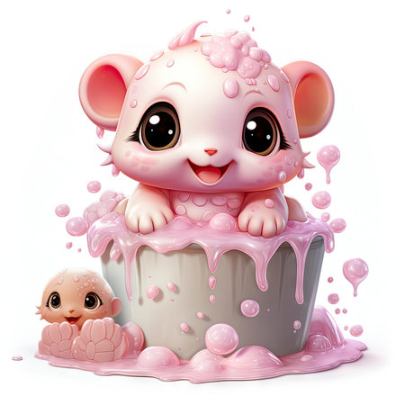 Adorable pink turtle in water, surrounded by bubbles and plants, with a playful and whimsical expressionの素材