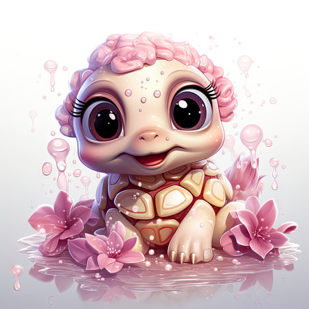 Adorable pink turtle in water, surrounded by bubbles and plants, with a playful and whimsical expressionの素材