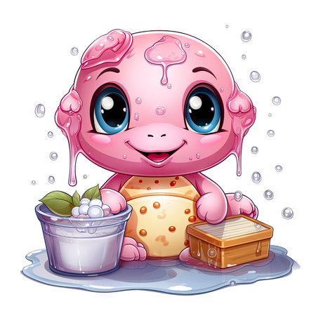 Adorable pink turtle in water, surrounded by bubbles and plants, with a playful and whimsical expressionの素材