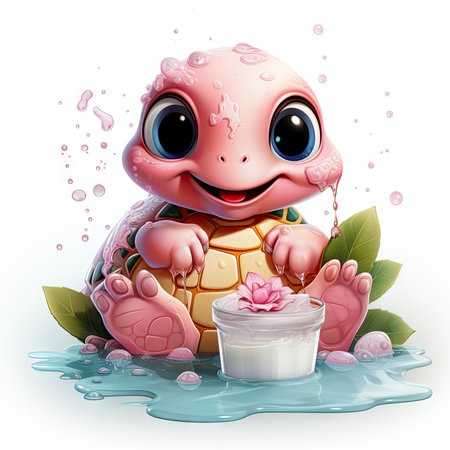 Adorable pink turtle in water, surrounded by bubbles and plants, with a playful and whimsical expressionの素材