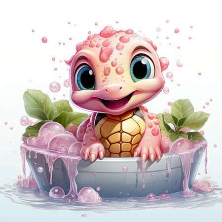 Adorable pink turtle in water, surrounded by bubbles and plants, with a playful and whimsical expressionの素材