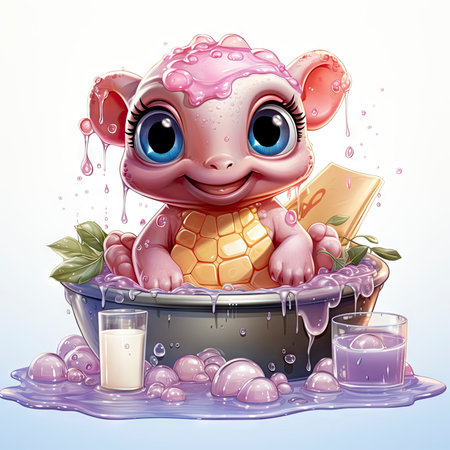 Adorable pink turtle in water, surrounded by bubbles and plants, with a playful and whimsical expressionの素材