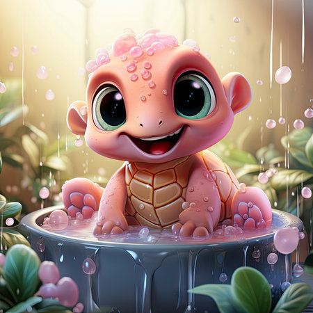 Adorable pink turtle in water, surrounded by bubbles and plants, with a playful and whimsical expressionの素材