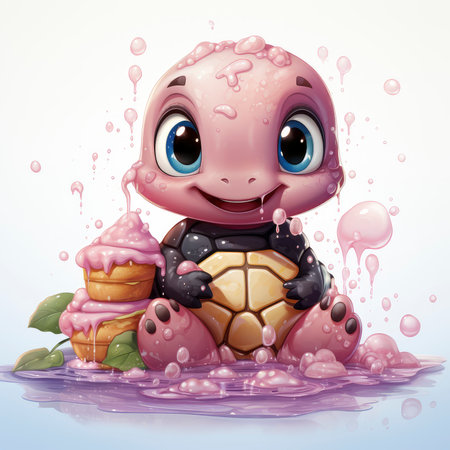 Adorable pink turtle in water, surrounded by bubbles and plants, with a playful and whimsical expressionの素材