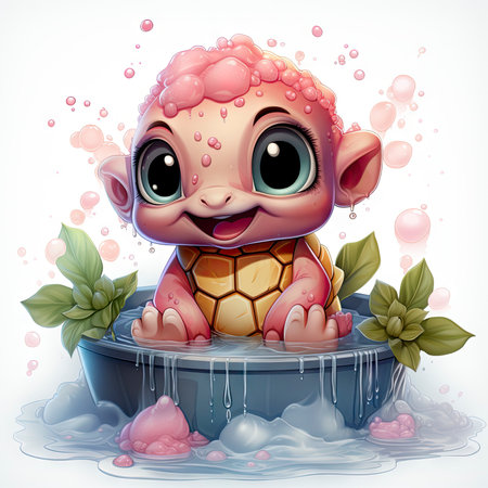 Adorable pink turtle in water, surrounded by bubbles and plants, with a playful and whimsical expressionの素材