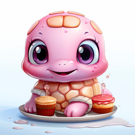 Adorable pink turtle in water, surrounded by bubbles and plants, with a playful and whimsical expressionの素材